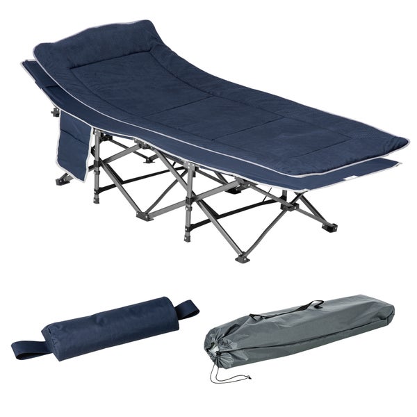 Outsunny Campingbett klappbar Feldbett Klappbett mit Kopfkissen Seitentasche Matratze Gästebett bis 150 kg belastbar Reisen Outdoor Oxford Dunkelblau 188 x 64,5 x 53 cm