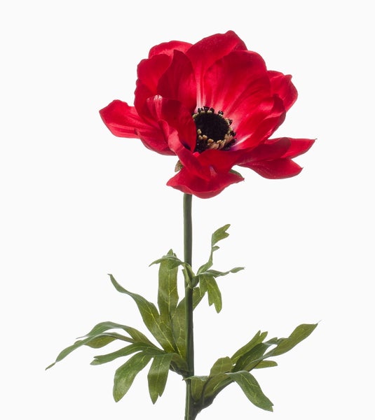 Künstliche Anemone in Rot mit grünem Stiel und Blättern.