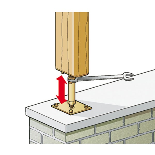 Pfostenträger mit Höhenverstellung wird mit einem Schraubenschlüssel justiert.