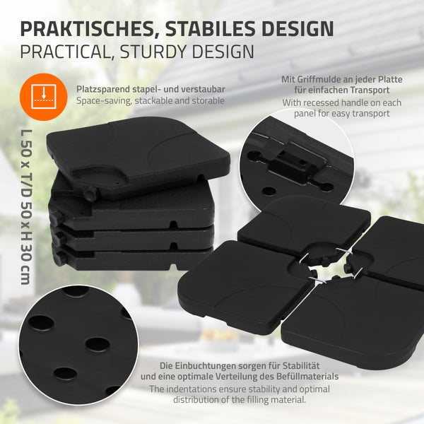 Stapelbare Sonnenschirmständer-Gewichtsplatten aus schwarzem Kunststoff, Vierer-Set, mit Griffmulden und stabilisierenden Einbuchtungen.