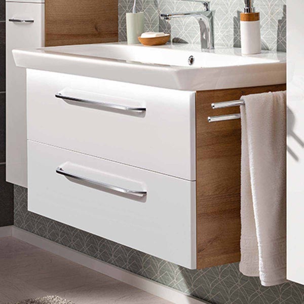 FACKELMANN MILANO Badmöbel Set 2 Teile – Waschtisch mit Unterschrank fürs Bad – Waschbeckenunterschrank mit Schubladen in Weiß mit Holz braun – Badschrank hängend – 90 cm breit