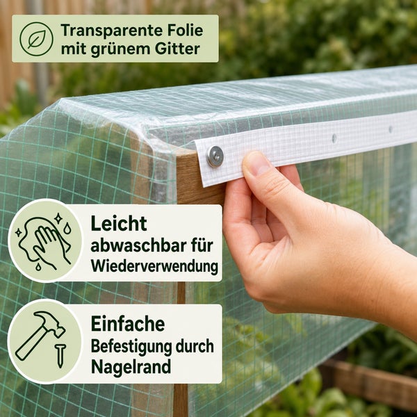 Transparente Gitterfolie für Frühbeete zur einfachen Befestigung mit Nagelrand und abwaschbare Oberfläche.