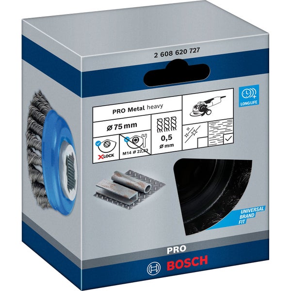 Bosch Pro Metal heavy Drahtbürste Verpackung mit X-Lock Aufnahme und 75 Millimeter Durchmesser