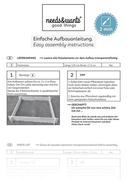 needs&wants® Große Hochbeet-Umrandung aus Holz für Garten Terrasse, Pflanzbeet Bausatz XL quadratisch, Blumenbeet Kräuterbeet Beetumrandung niedrig deko, braun