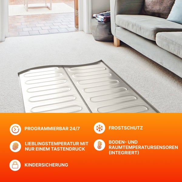 Flacher Heizteppich auf Teppichboden in Wohnzimmernähe