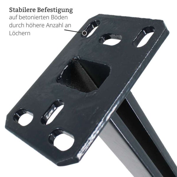 Detailansicht einer schwarzen Metallhalterung mit mehreren Löchern für eine stabile Befestigung