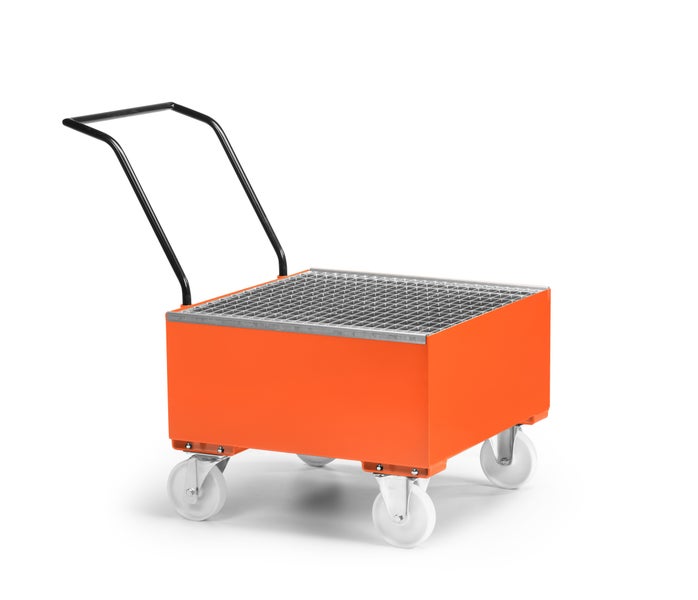 R+R Industrietechnik Fahrbare Auffangwanne aus Stahl für 1x 200 Liter Fass mit Gitterrost RAL 2004 reinorange