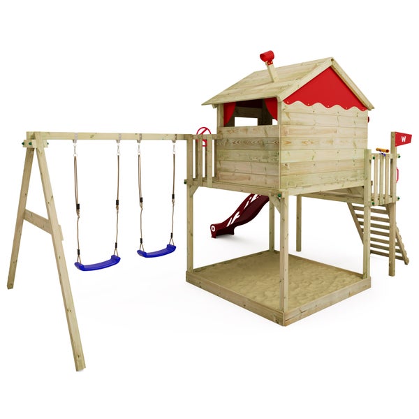 WICKEY Spielturm Klettergerüst Smart Coast mit Schaukel und Rutsche, Stelzenhaus mit Sandkasten, Kletterleiter und Spiel-Zubehör - rot