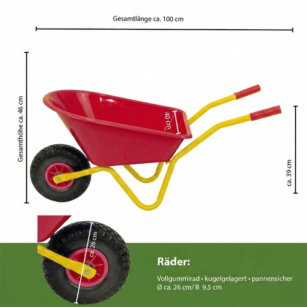 Rote Kinderschubkarre mit gelbem Rahmen und den Maßen circa 100 cm Gesamtlänge, circa 46 cm Gesamthöhe, circa 39 cm Griffhöhe und circa 26 cm Raddurchmesser