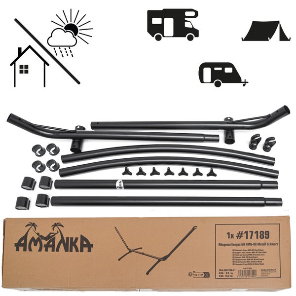Einzelteile eines schwarzen Hängemattengestells aus Metall mit AMANKA Logo, Produktverpackung und Symbolen für Außenbereich und Camping.