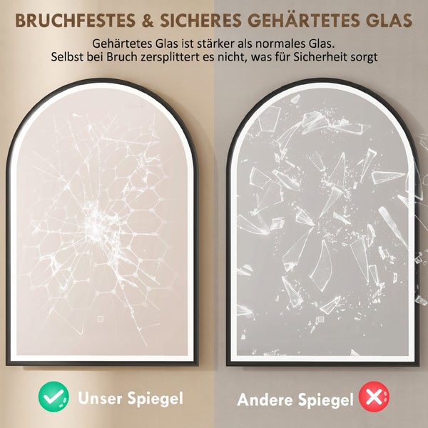 Vergleich von gehärtetem Sicherheitsglas bei Spiegeln zur Demonstration der Bruchsicherheit im Vergleich zu herkömmlichem Spiegelglas.