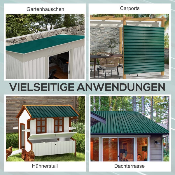 Collage mit Anwendungsbeispielen für Wellplatten: Dach eines Gartenhauses, Seitenwand eines Carports, Hühnerstall und Dachterrasse.