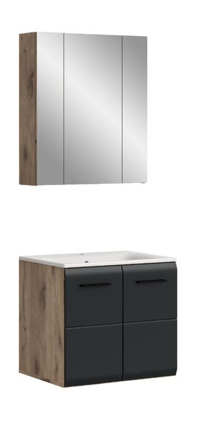 Badezimmer-Set mit dreitürigem Spiegelschrank in Holzoptik und Waschtischunterschrank mit dunkelgrauer Front sowie weissem Waschbecken.