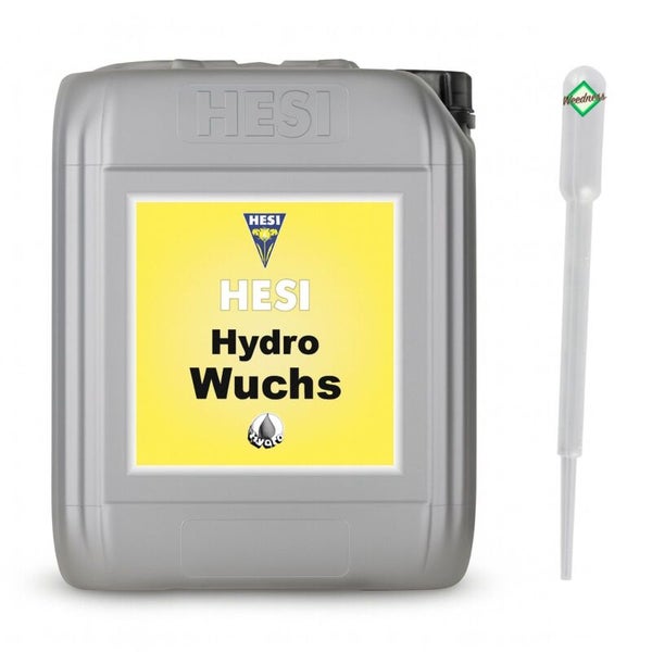 Hesi Hydro Wuchs Dünger für Hydrokulturen im grauen Kunststoffkanister mit Hesi Logo und einer Pipette mit Weedness Logo.