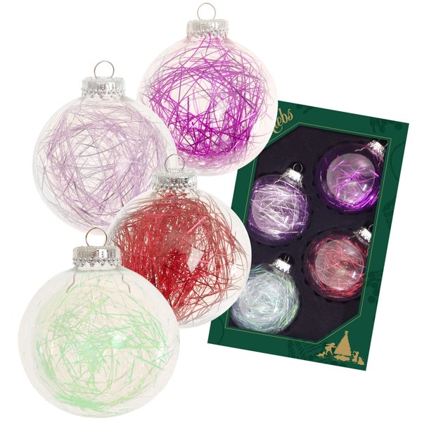 Kristall 7cm Glaskugel mit lila / rotem Tinsel gefüllt, 4 Stck., Weihnachtsbaumkugeln, Christbaumschmuck, Weihnachtsbaumanhänger