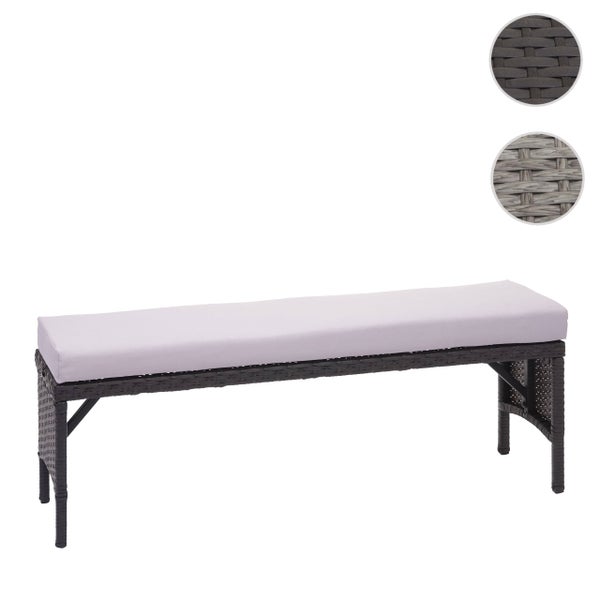 Gartenbank aus Polyrattan mit Sitzkissen und Detailansichten des Flechtmaterials.