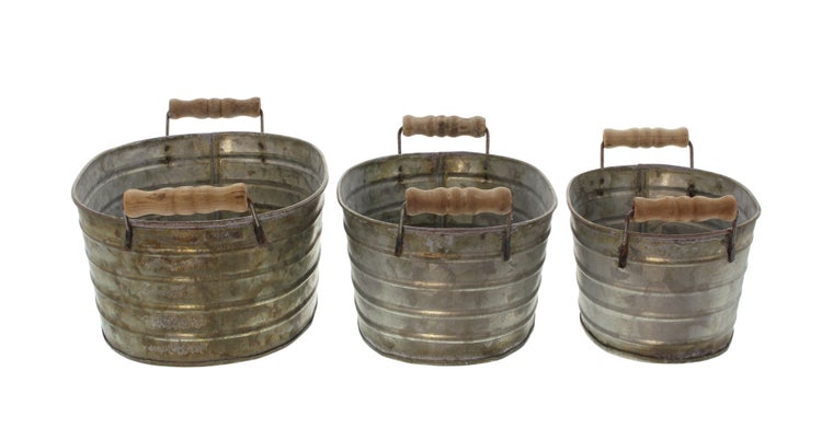FRANK FLECHTWAREN | Metallwanne mit Holzgriffen, 3er Set, METALL, 17 x 12 x 8 cm, 20 x 14 x 9 cm, 24 x 15 x 10 cm, bei Direktbepflanzung mit Folie ausschlagen
