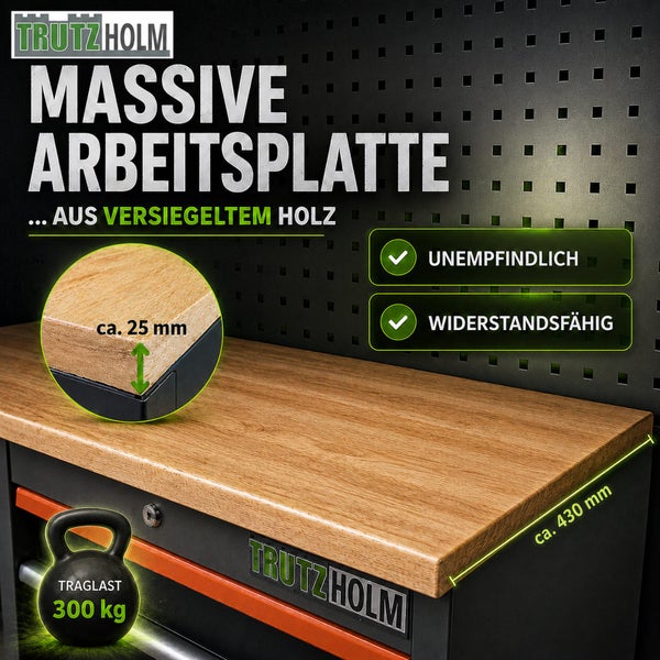 Trutzholm Logo. Werkbank mit massiver versiegelter Holzplatte, Dicke circa 25 Millimeter, Tiefe circa 430 Millimeter, Traglast 300 Kilogramm.