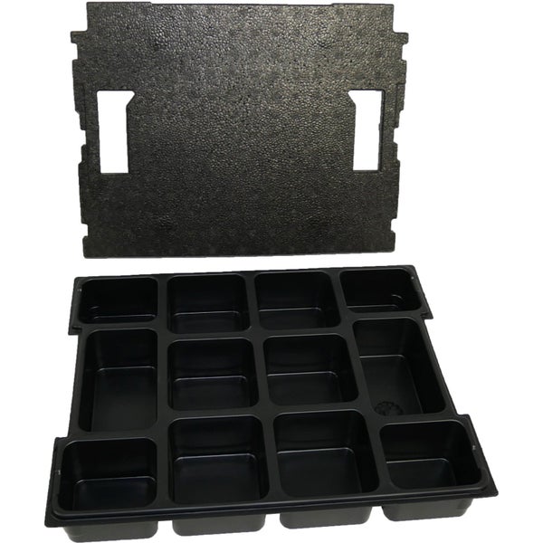 Sortimentskasten-Einsatz aus Kunststoff mit verschiedenen Fächern und Schaumstoff-Deckeleinlage.