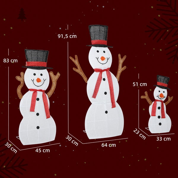 Drei leuchtende Schneemann-Figuren in verschiedenen Größen inklusive Maßangaben in Zentimeter für Höhe, Breite und Tiefe.