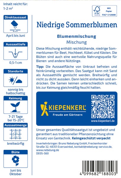 Saatguttüte Niedrige Sommerblumen Kiepenkerl mit Aussaat- und Pflegehinweisen für ein bis zwei Quadratmeter Fläche.