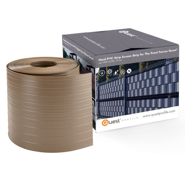 Eine Rolle hart PVC Sichtschutzstreifen für Gittermattenzaun mit Verpackungskarton und Quest Profile Logo.