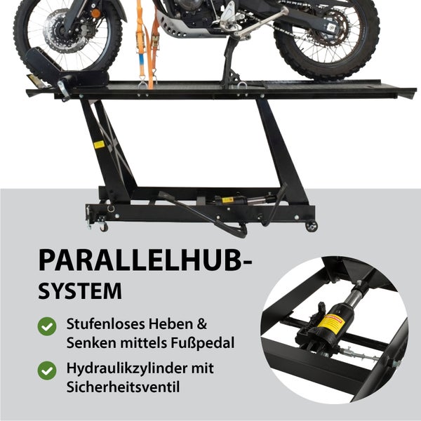 Motorrad auf Motorradhebebühne mit Parallelhubsystem