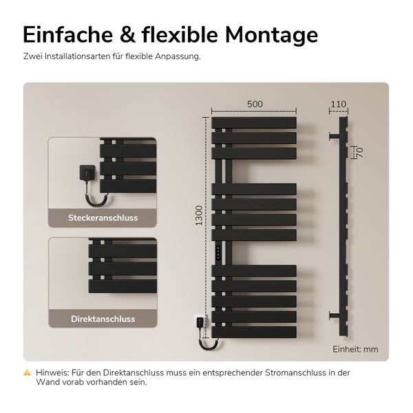Elektrischer Handtuchheizkörper mit den Maßen 1300 mal 500 Millimeter. Darstellung der Montageoptionen mit Steckeranschluss oder Direktanschluss.
