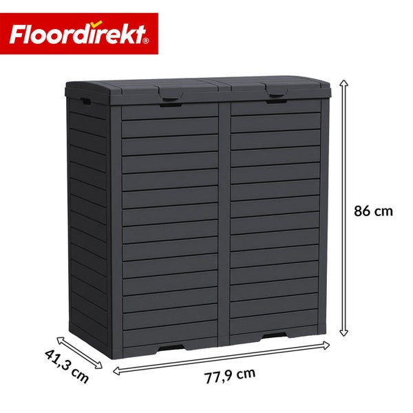 Abfalltonnenbox aus Kunststoff mit den Maßen 86 cm Höhe, 41,3 cm Tiefe und 77,9 cm Breite.