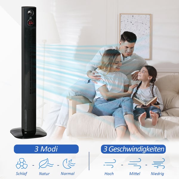 HOMCOM Turmventilator Säulenventilator mit Fernbedienung Standventilator Aroma-Diffusor Timer-Funktion 3 Belüftungsstufen 45W 70° Oszillation Schwarz 31,5 x 31,5 x 117 cm