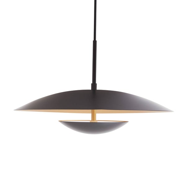 Moderne Pendelleuchte aus Metall mit zwei schalenförmigen Schirmen in Schwarz und Gold.