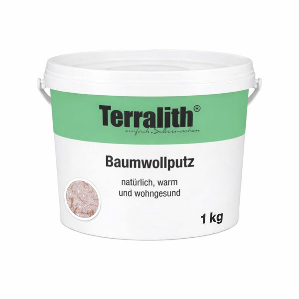 Terralith Baumwollputz im 1 Kilogramm Eimer für Wandgestaltung und Deckenbeschichtung im Innenbereich.