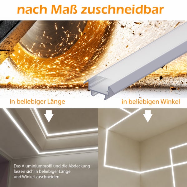 Aluminiumprofil für LED Streifen, individuell zuschneidbar auf gewünschte Länge und Winkel für indirekte Beleuchtung an Wand oder Decke.