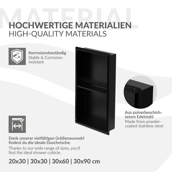Schwarze Duschnische aus pulverbeschichtetem Edelstahl mit zwei Fächern. Korrosionsbeständig und in mehreren Größen verfügbar.