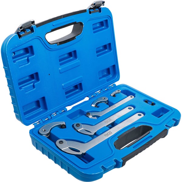 Gelenk-Hakenschlüssel-Satz in blauem Kunststoffkoffer, 6-teilig, verstellbar, aus Spezialstahl.
