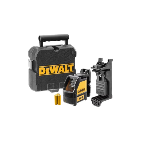 DeWalt Kreuzlinienlaser selbstnivellierend mit DeWalt Logo, Transportkoffer, Wandhalterung und drei Batterien.