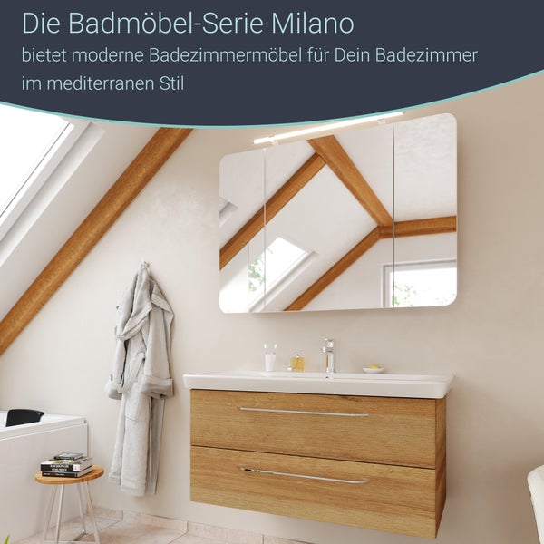 FACKELMANN MILANO Badmöbel Set 2 Teile – Waschtisch mit Unterschrank fürs Badezimmer – Waschbeckenunterschrank mit Schubladen in Holz braun – Badschrank hängend – 100 cm breit