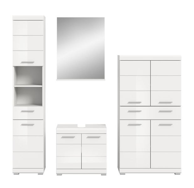 Modernes Badezimmermöbel-Set in Weiß mit Hochschrank, Spiegel, Waschtischunterschrank und Kommode.