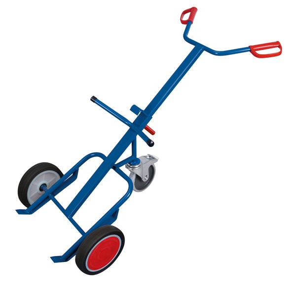 Blauer Fasswagen aus Stahl mit drei Rädern und roten Griffen.