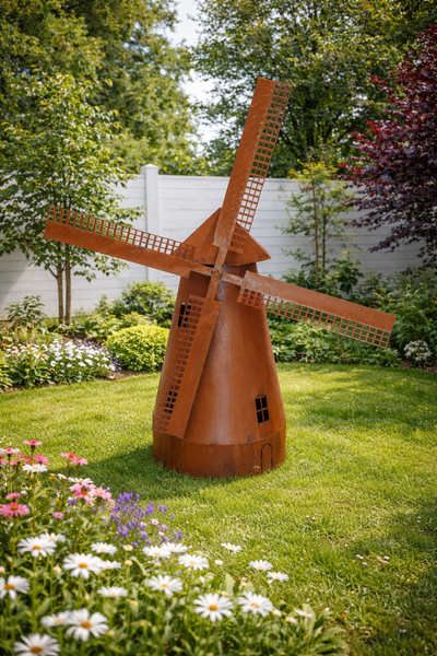 Dekorative Gartenwindmühle aus Metall in Rostoptik, freistehend auf einer Rasenfläche im Garten.