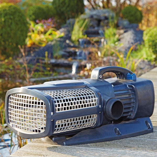 Teichpumpe mit Tragegriff und Schutzgitter vor einem Gartenteich mit Wasserlauf.