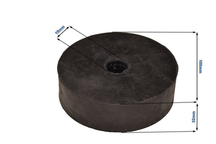 Runde Gummipuffer Unterlage mit einem Durchmesser von 100 Millimeter und einer Höhe von 32 Millimeter sowie einem Bohrloch von 19 Millimeter
