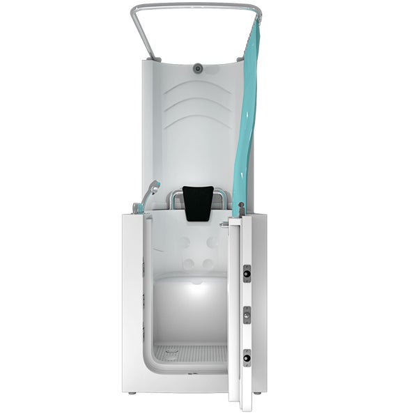 Barrierefreie Sitzbadewanne mit Tür, hoher Rückwand, schwarzer Kopfstütze, Handbrause und Duschvorhang.