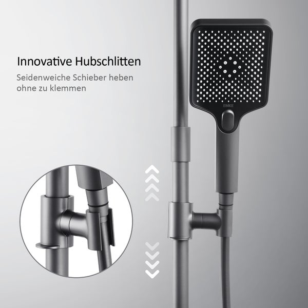EMKE Duschsystem mit Thermostat, Handbrause mit 3 Strahlstärken, Wasserfall-Auslauf, Duschsäuleset Duschgarnitur mit glasablage, KTW Zertifizieren, Anthrazit Matt