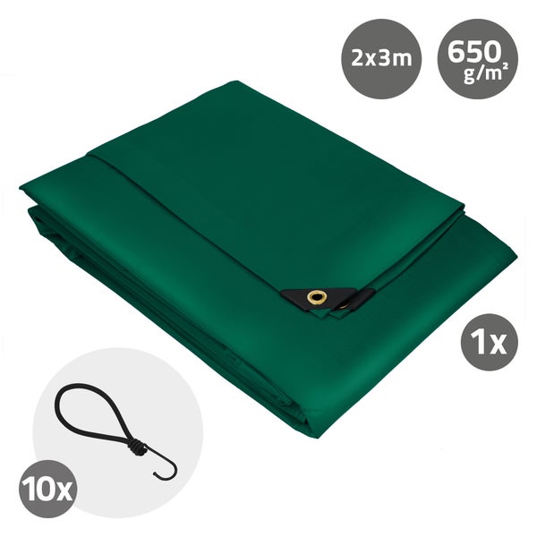 ECD Germany Premium Abdeckplane Gewebeplane mit Ösen + 10 Haken, 3x2m 6m², 650g/m², Grün, PVC, Wasserdicht, Reißfest, LKW-Plane Bootsplane Gartenplane Holzplane, Schutzplane für Gartenmöbel Pool Auto