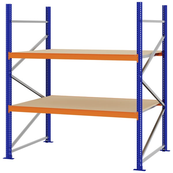 Schwerlastregal mit blauem Metallrahmen, orangefarbenen Traversen und zwei Holzböden.