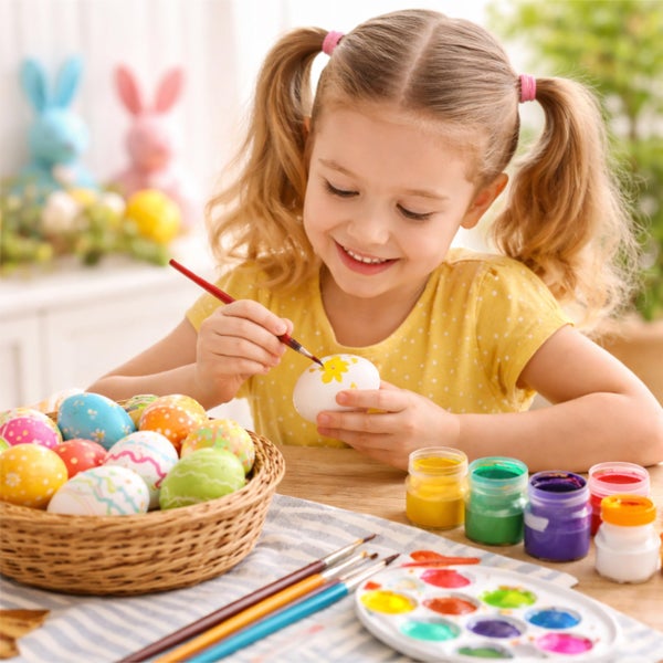 Ein Kind bemalt ein Osterei mit Pinsel und Farben an einem hellen Tisch mit einem Korb voller bunter Eier.