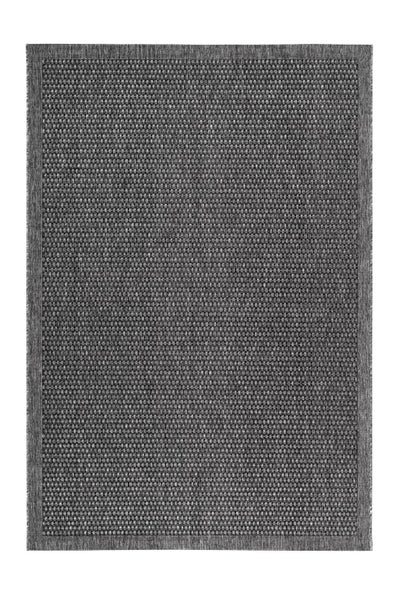 Rechteckiger anthrazitfarbener Webteppich mit strukturiertem Gittermuster und Bordüre.