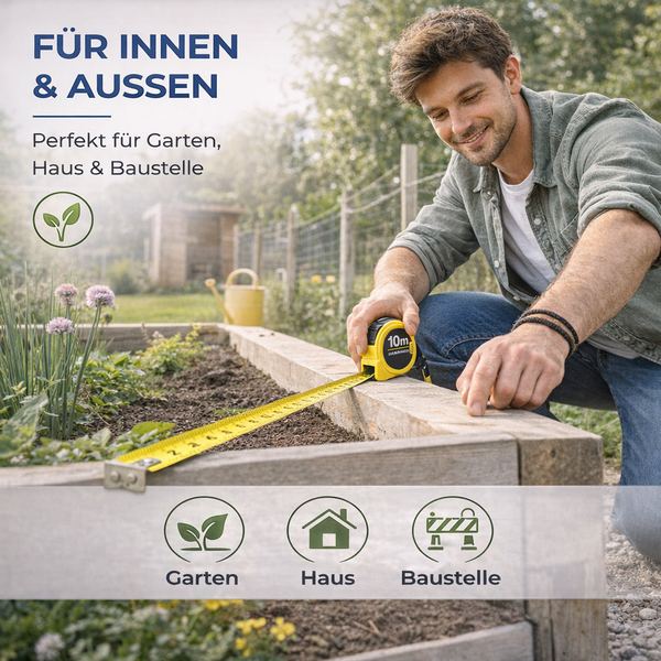 Ein Mann misst ein hölzernes Hochbeet im Garten mit einem gelben 10 Meter Bandmaß. Symbole für Garten, Haus und Baustelle sind abgebildet.