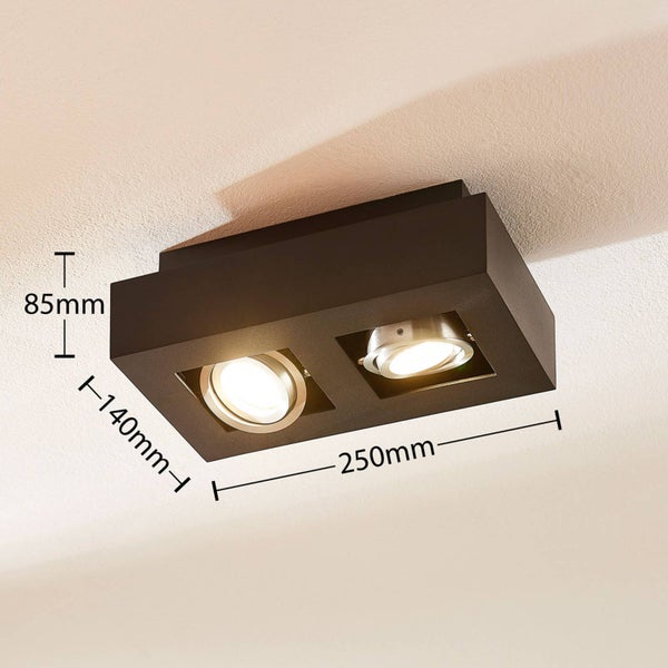 Aufbaustrahler mit zwei Leuchten und Maßangaben 250 mm Breite, 140 mm Länge und 85 mm Höhe